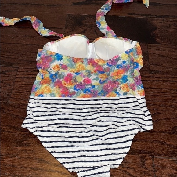 ModCloth One Piece Halter Floral Striped Swimsuit - Picture 3 of 3